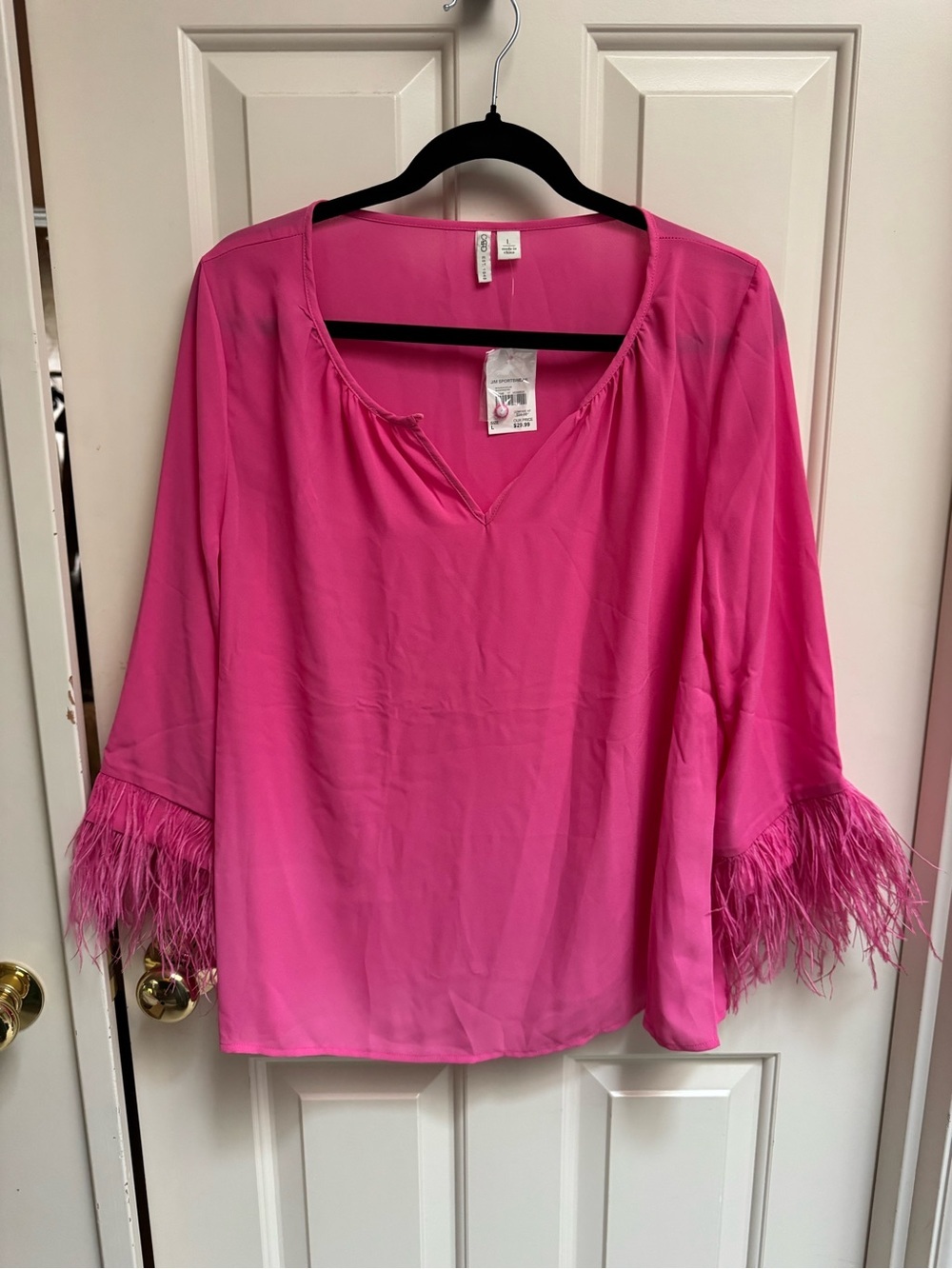 Cato Hot Pink V-Neck Blouse with Feather Cuffs